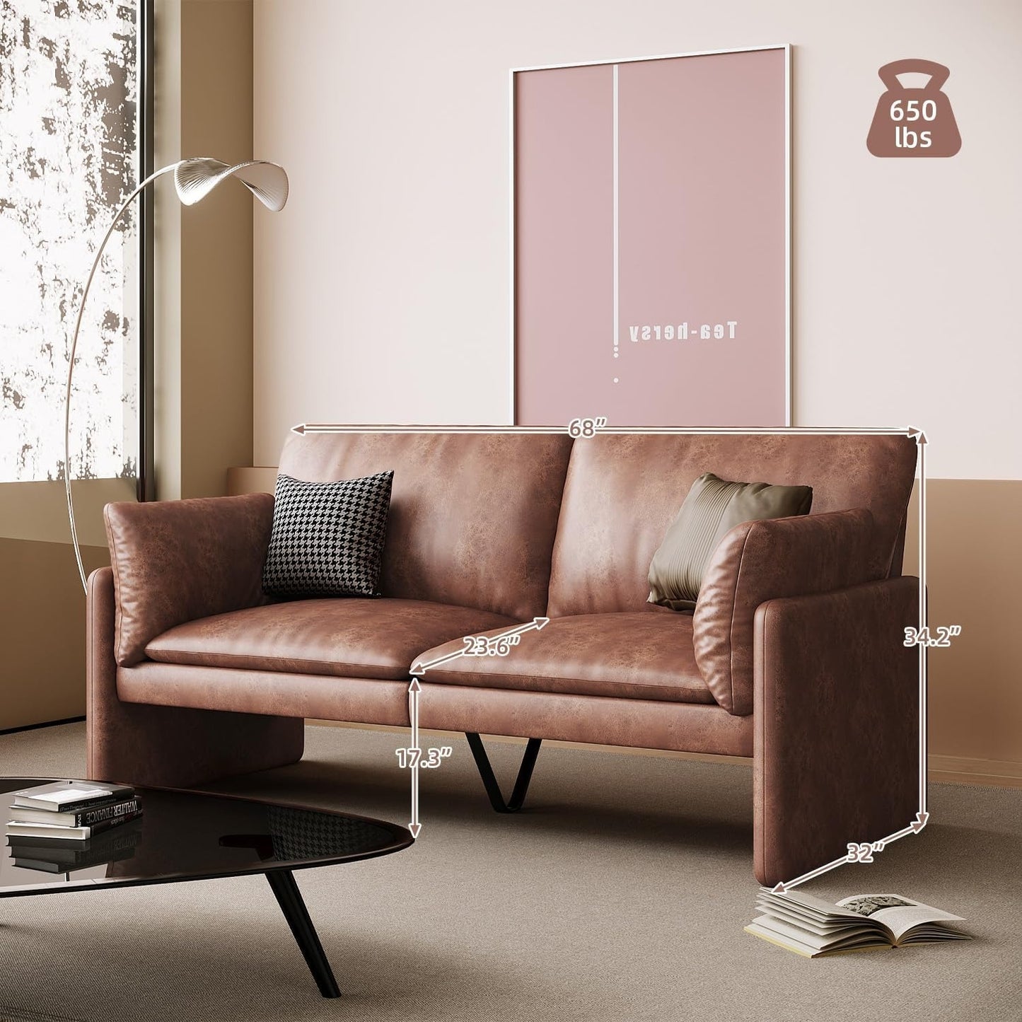 YODOLLA 68'' Modern Love Seat Sofa Couches, Faux Leather Brown