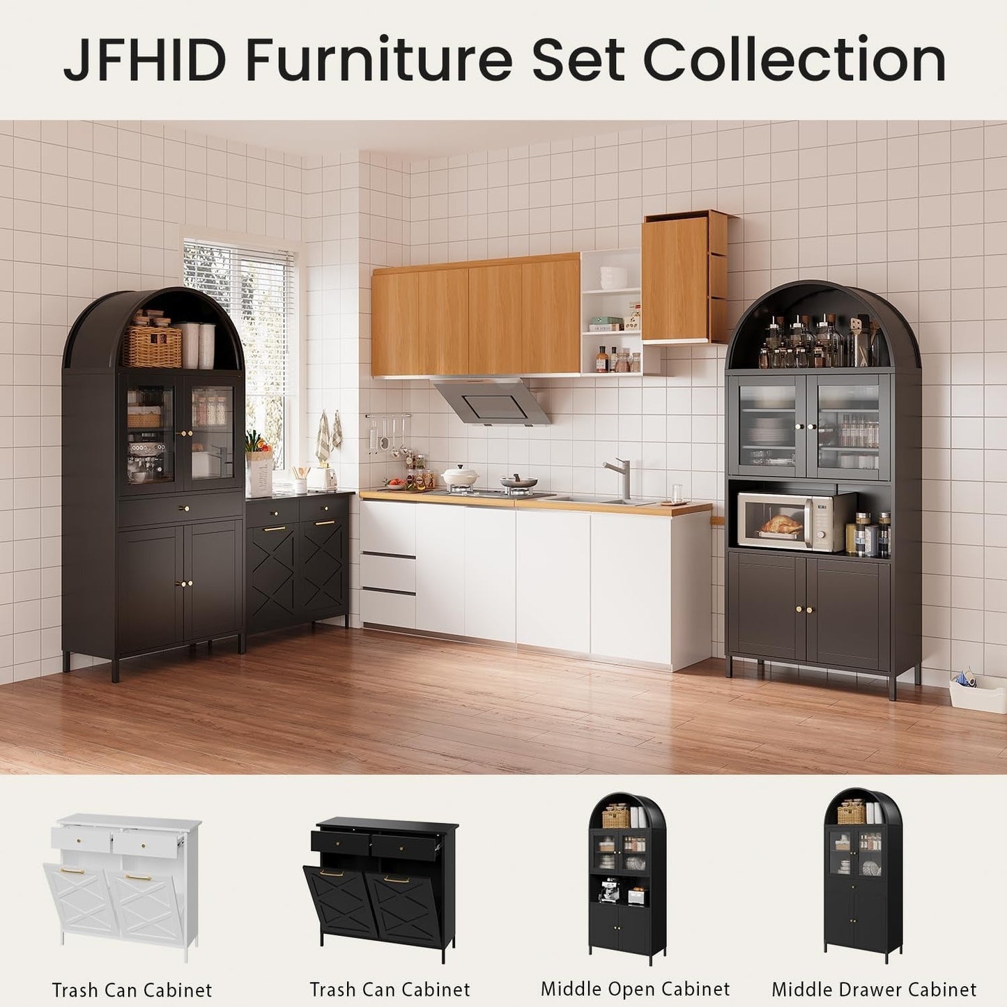 YODOLLA 73'' Kitchen Pantry, Metal Arched Storage Cabinet with Glass Doors/Adjustable Shelfs/Drawer