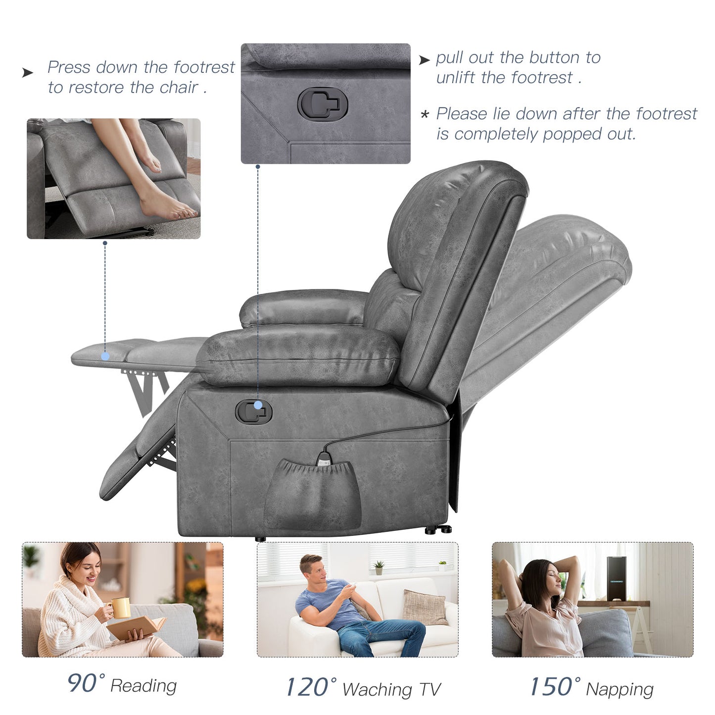 YODOLLA 3 PCS Recliner Sofa Set Overstuffed Leather Reclining Sofa, Gray