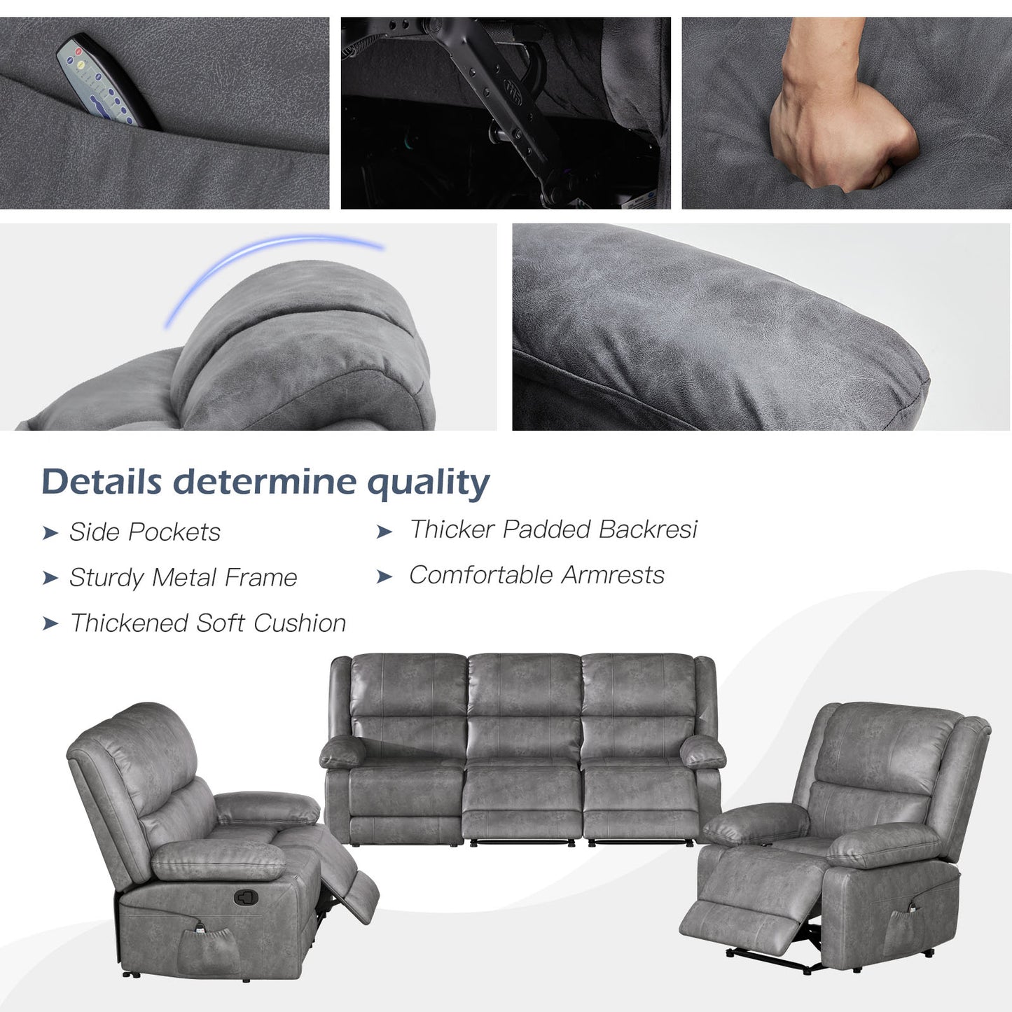 YODOLLA 3 PCS Recliner Sofa Set Overstuffed Leather Reclining Sofa, Gray