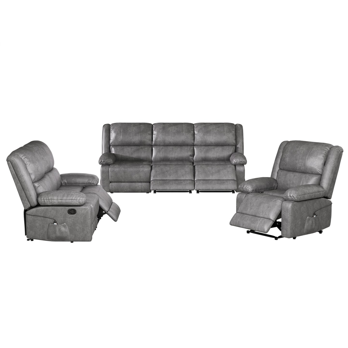 YODOLLA 3 PCS Recliner Sofa Set Overstuffed Leather Reclining Sofa, Gray