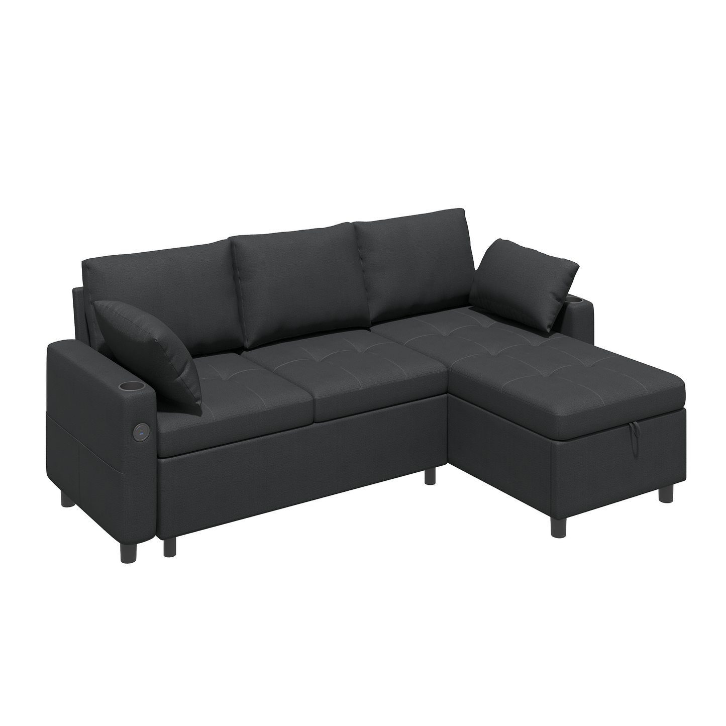 YODOLLA L-Shaped Sleeper Sofa, Pullout Bed, USB & Storage, Black