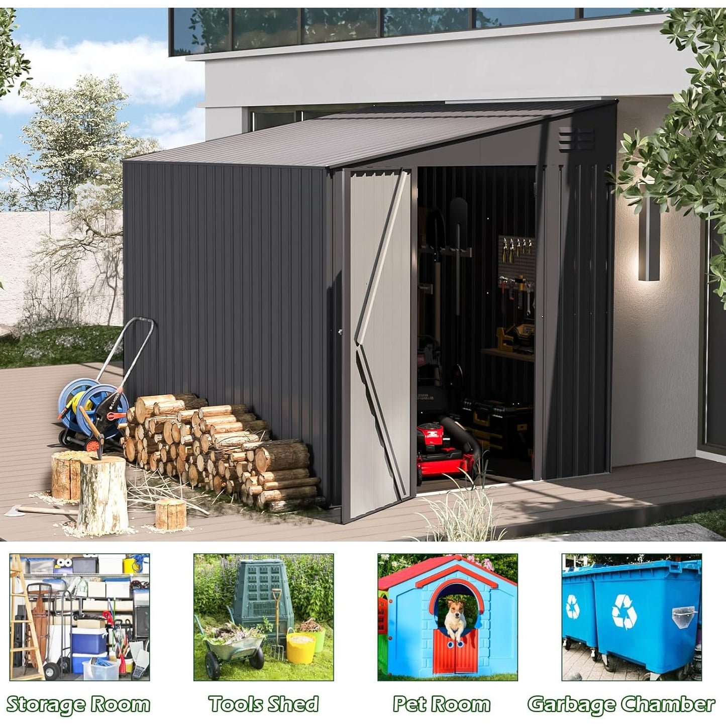 YODOLLA Outdoor 6' x 8' Metal Wall Side Lean to Storage Shed, Dark Gray