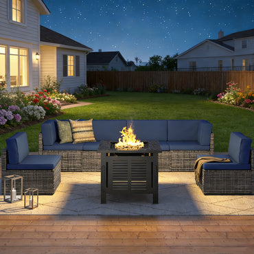 YODOLLA 7 Piece Outdoor Patio Furniture Set with 30 Inch Fire Pit Table, Grey Rattan Dark Blue Cushion
