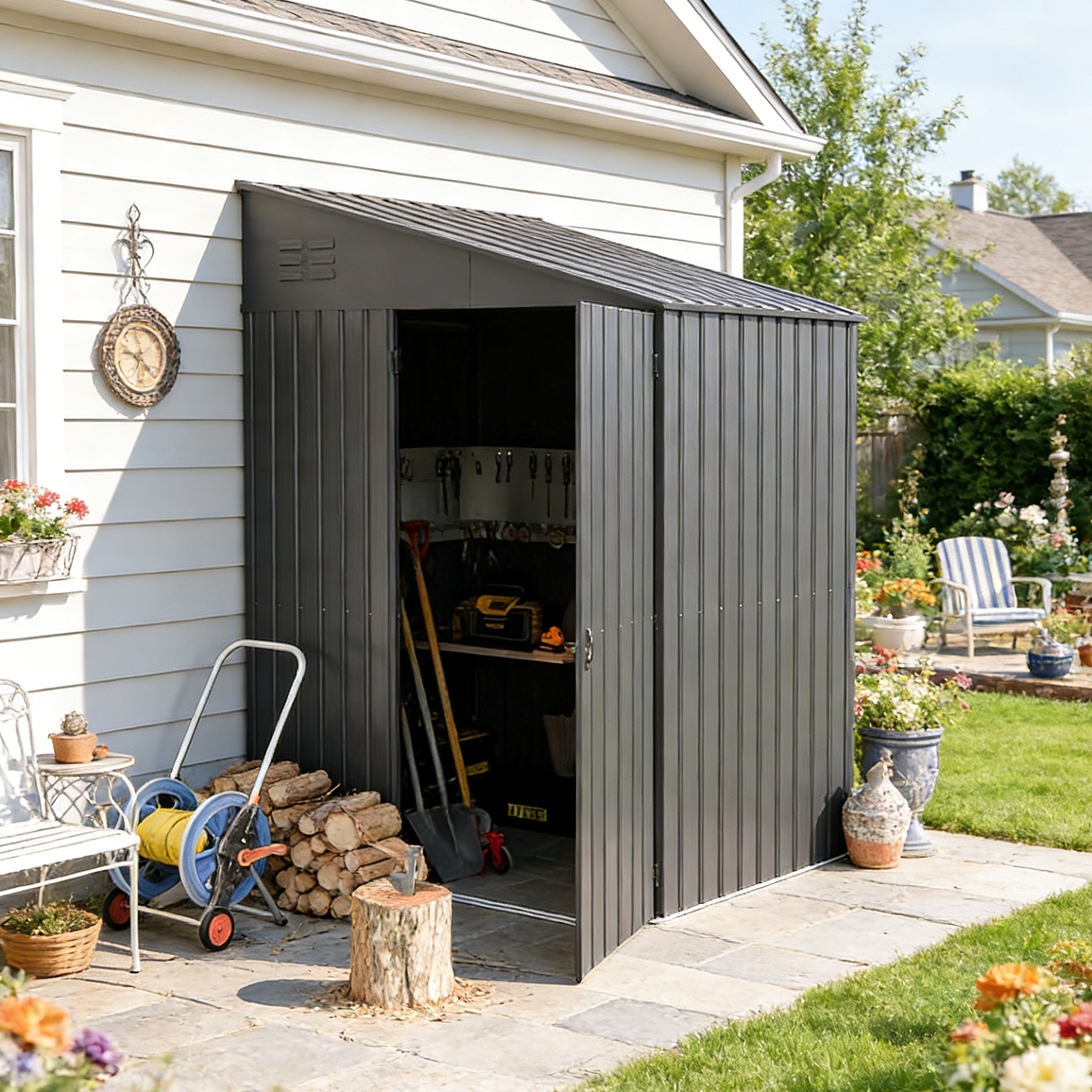 YODOLLA Outdoor 6' x 8' Metal Wall Side Lean to Storage Shed, Dark Gra