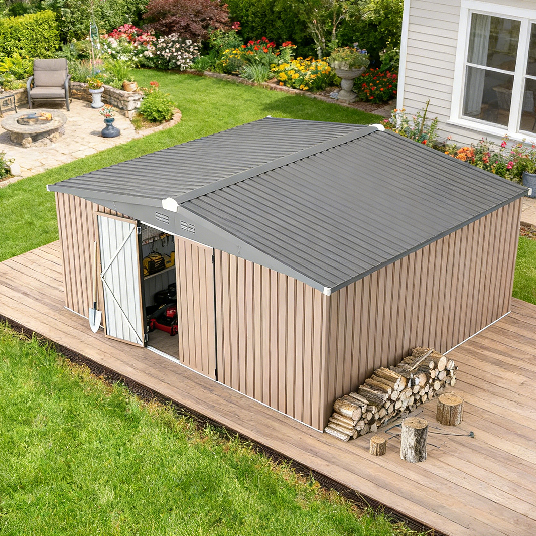 YODOLLA 14x12 Metal Storage Shed Outdoor Shed, Brown
