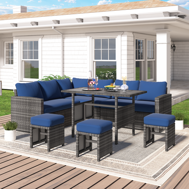 YODOLLA 7-Pc Patio Set, Grey Rattan & Blue Cushion