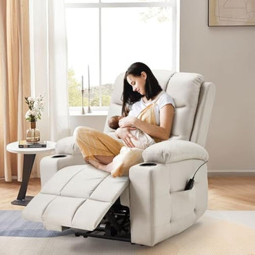 YODOLLA Wide Armrests Electric Recliner Nursery Chair, Faux Leather Beige