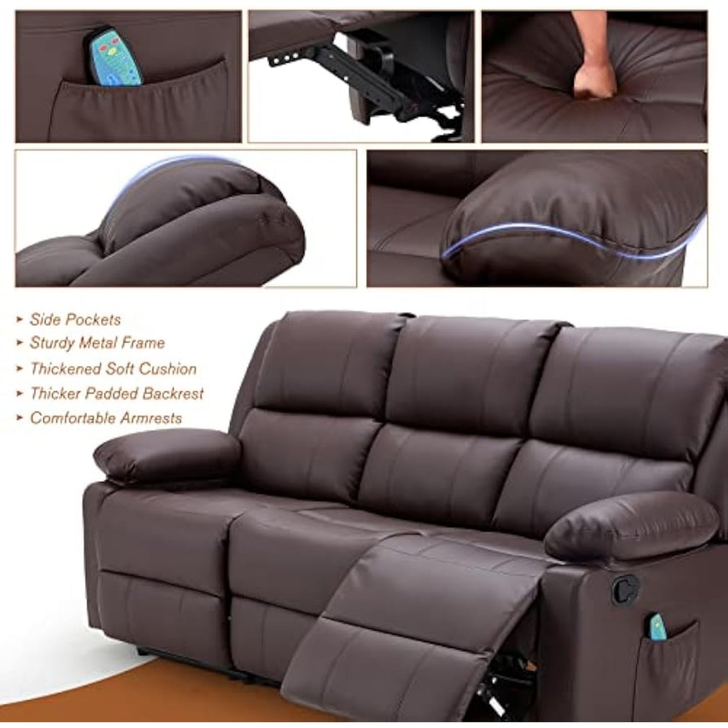 YODOLLA Reclining Sofa 3-Seater Couch, Brown