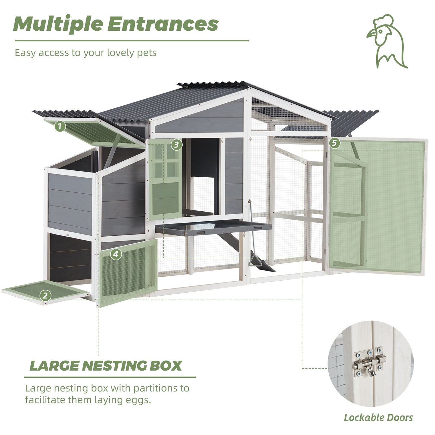 YODOLLA 81” Large Chicken Coop, Outdoor Wooden Hen House Poultry Cage Multi-Level Hutch w/Nesting Boxes & Run for 6-10 Chickens, Grey&White