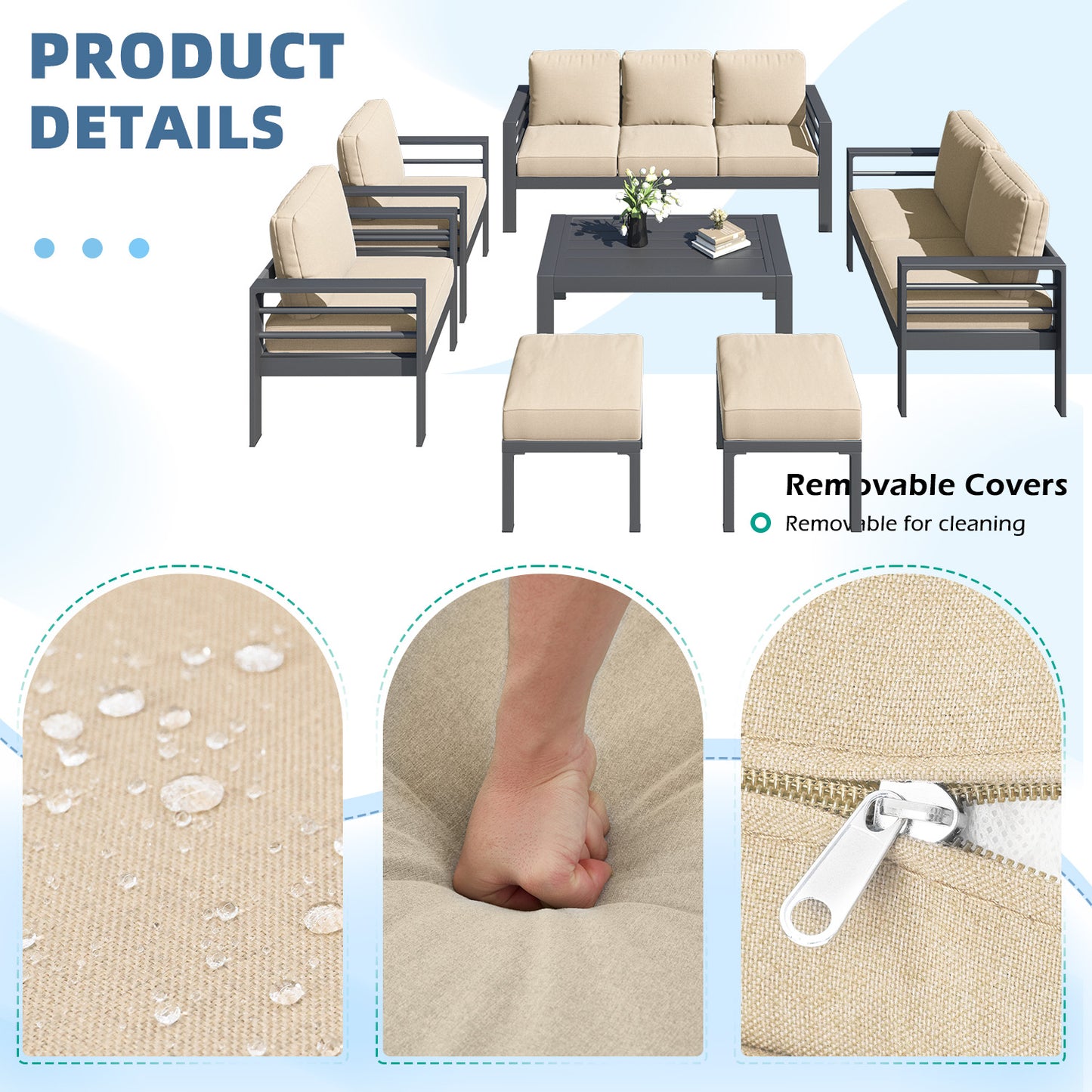 YODOLLA 7-Piece Patio Set, Beige Cushions