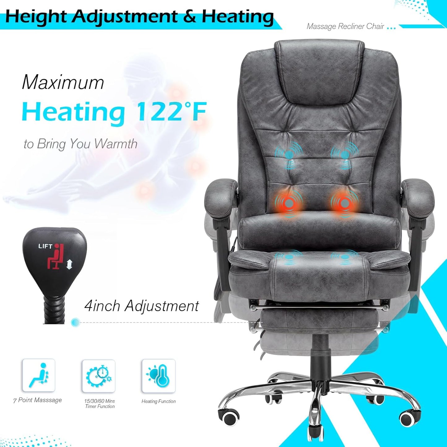 YODOLLA Massage Office Chair with Heat w/Retractable Footrest, Grey Leathaire