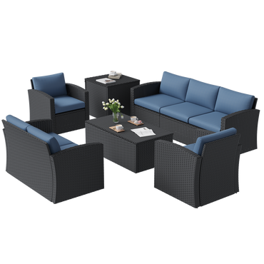 YODOLLA 7 PCS Outdoor Patio Furniture Sets with 2 Storage Boxes, Black & Dark Blue