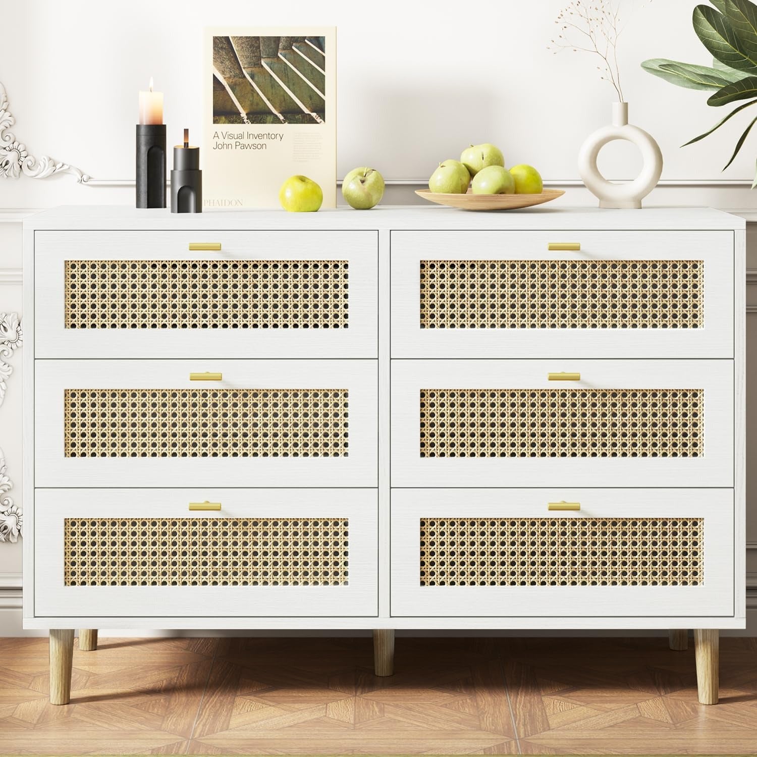 YODOLLA 6-Drawer Wicker Dresser – Rattan Storage with Natural Wood, White