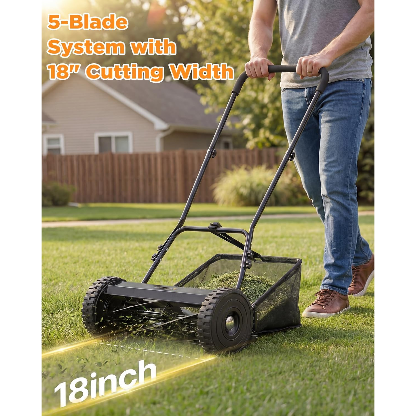 YODOLLA 18-Inch Manual Lawn Mower, 5 Blades Push Reel Lawn Mower