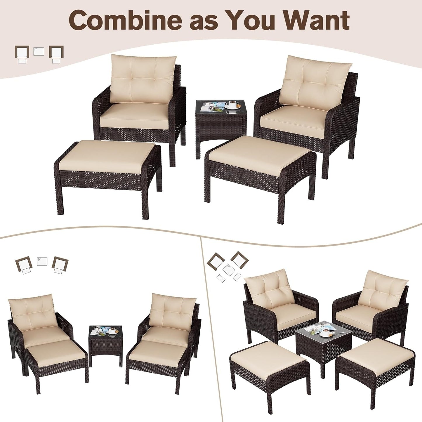 YODOLLA Outdoor 5 Pieces Patio Furniture Set, Beige
