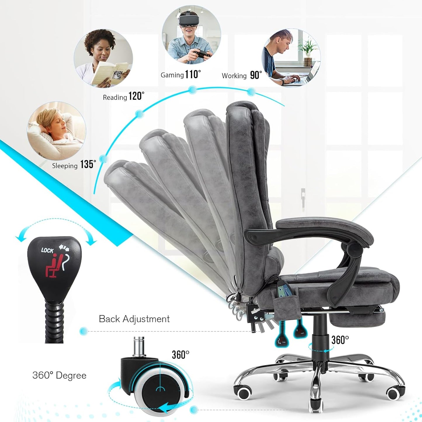YODOLLA Massage Office Chair with Heat w/Retractable Footrest, Grey Leathaire