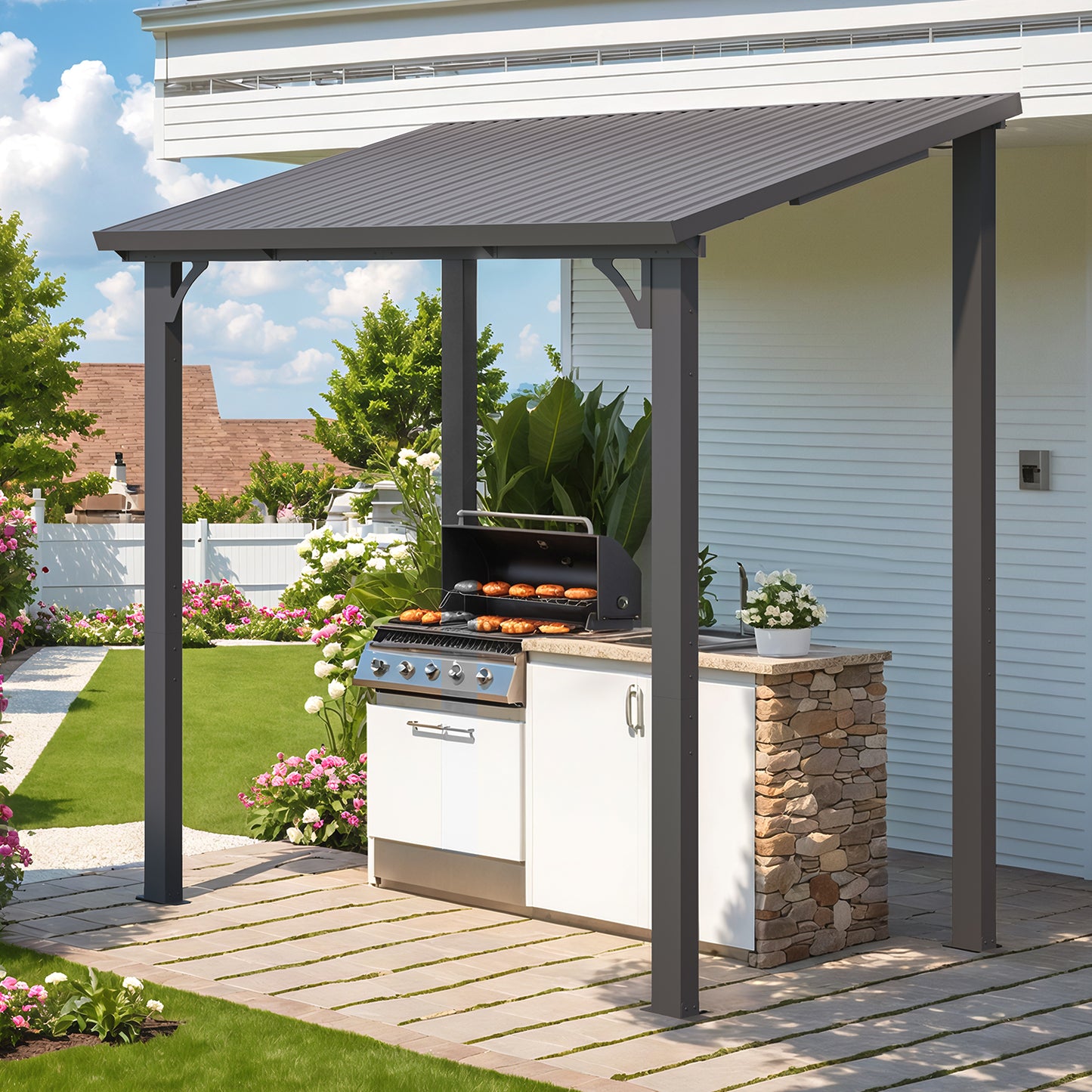 YODOLLA 8'x5' Hardtop Gazebo, Wall-Mounted Lean to Metal Awnings Pergola