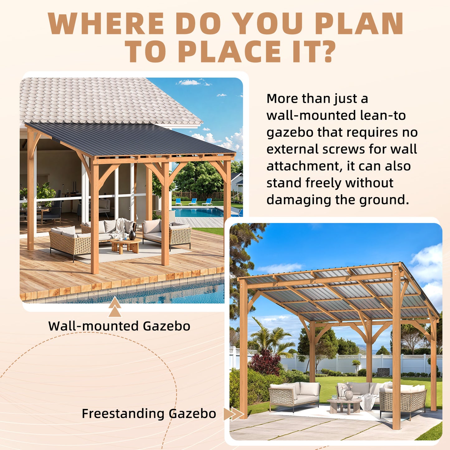YODOLLA 10' x 10' Outdoor Wood Ceder Gazebo Lean to Hardtop Pergolas