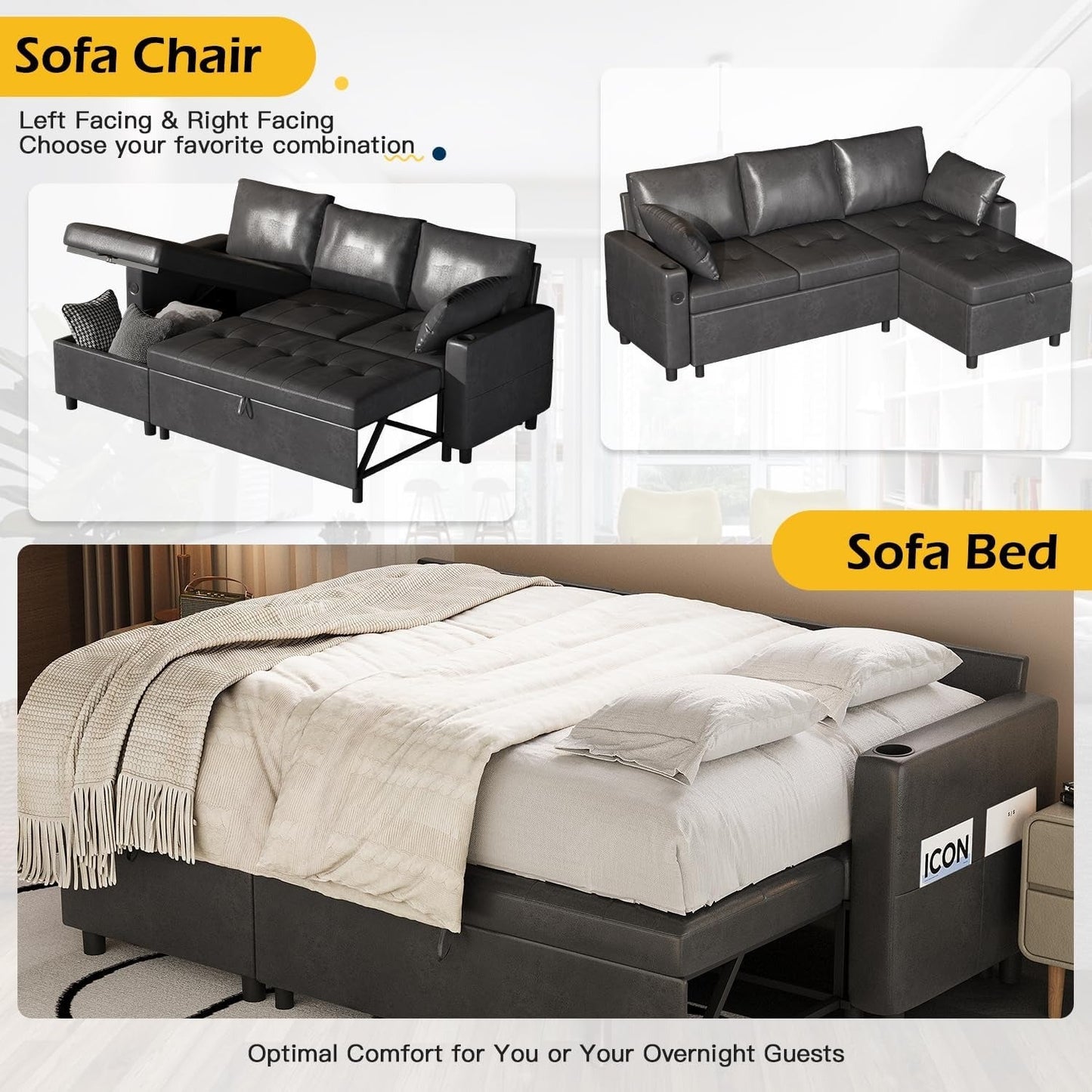 YODOLLA Faux Leather L-Shaped Sleeper Sofa, Pullout Bed, USB & Storage, Black