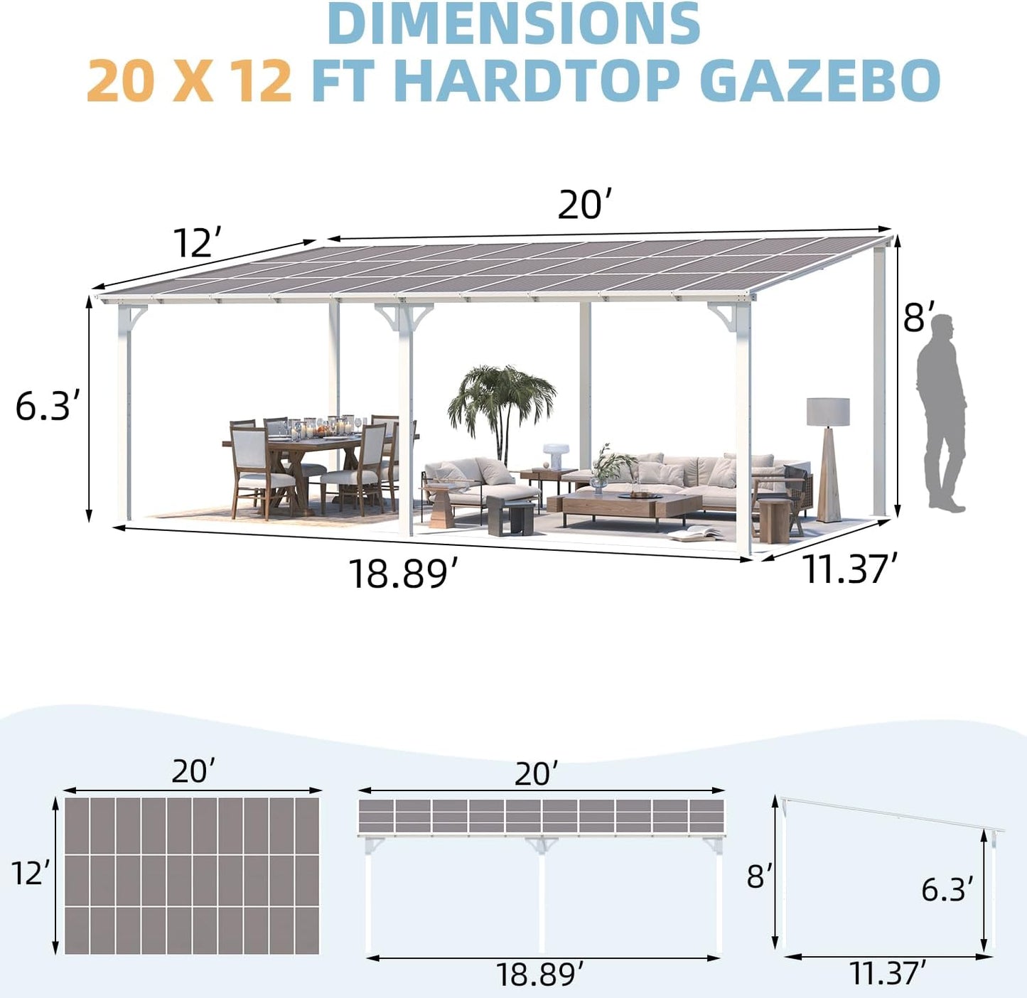 YODOLLA Aluminum 20x12 Wall Mounted Pergola