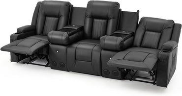 YODOLLA Faux Leather Recliner Sofa w/ 2 Consoles, Black