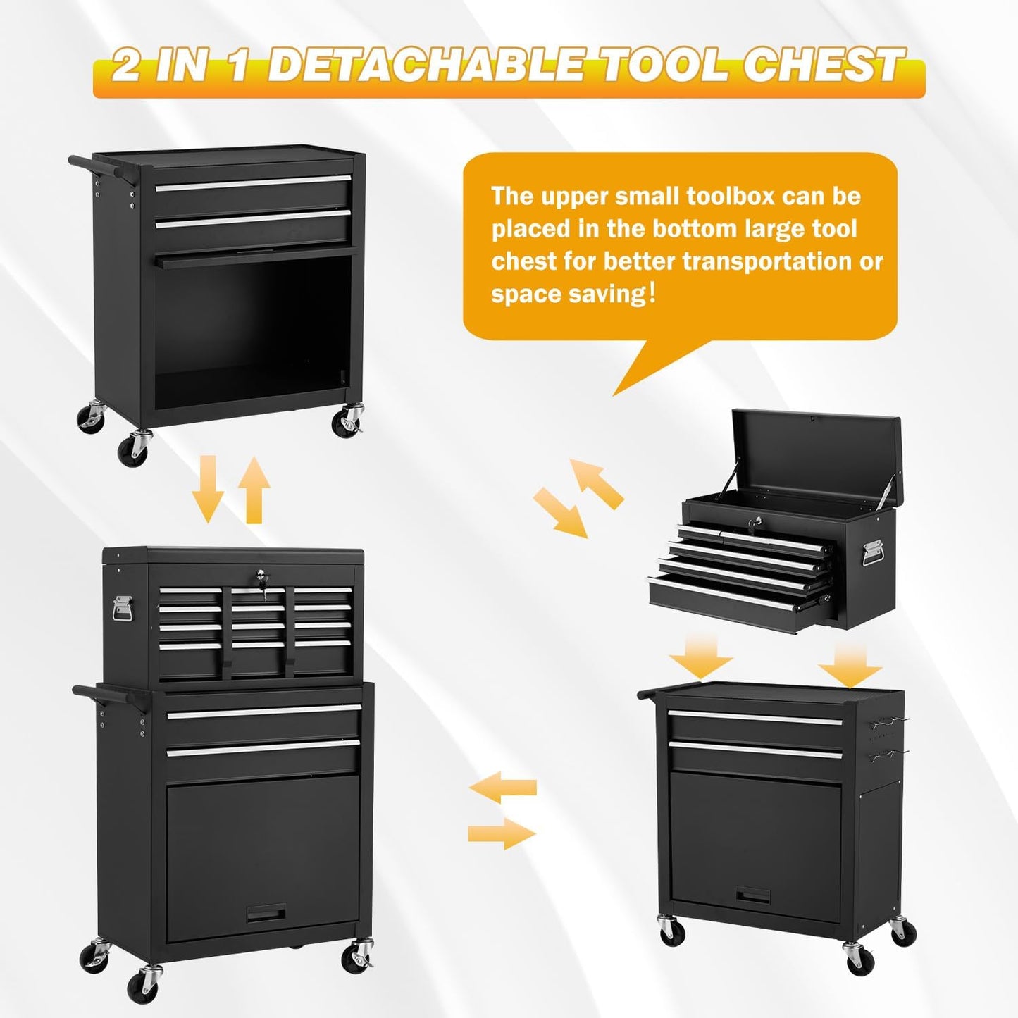 YODOLLA Rolling Tool Chest with Wheels, Detachable Metal Tool Box with Drawers