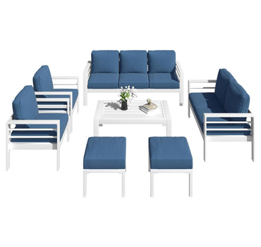 YODOLLA 7-Piece Patio Set, Aluminum, Blue Cushions