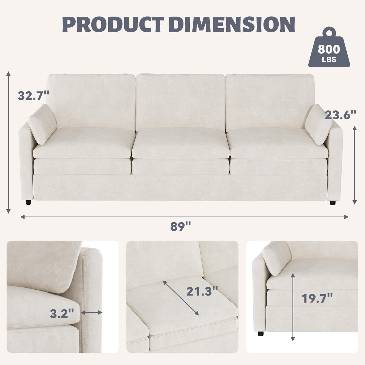 YODOLLA 89" Chenille Sofa, 3-Seater, 2 Removable Pillows, Cream White