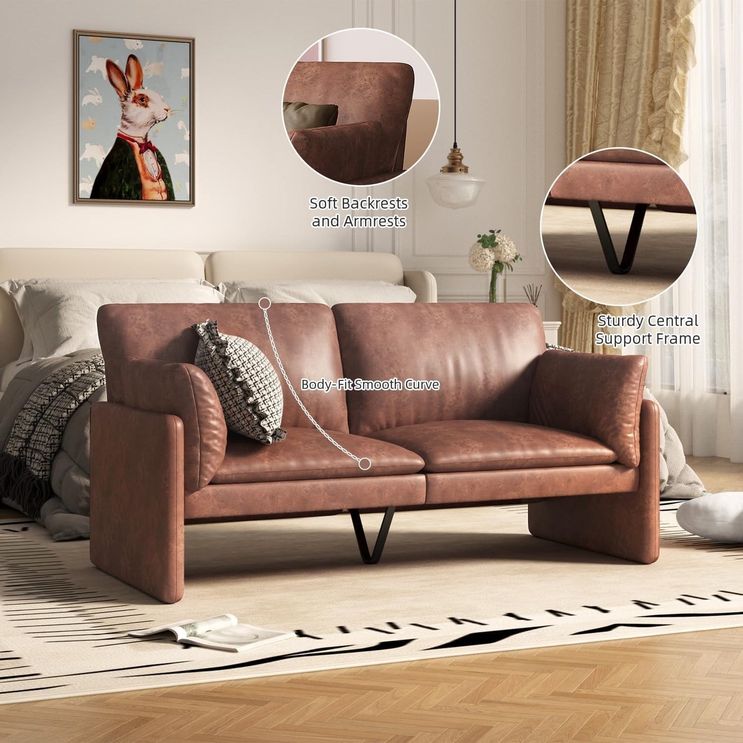 YODOLLA 68'' Modern Love Seat Sofa Couches, Faux Leather Brown