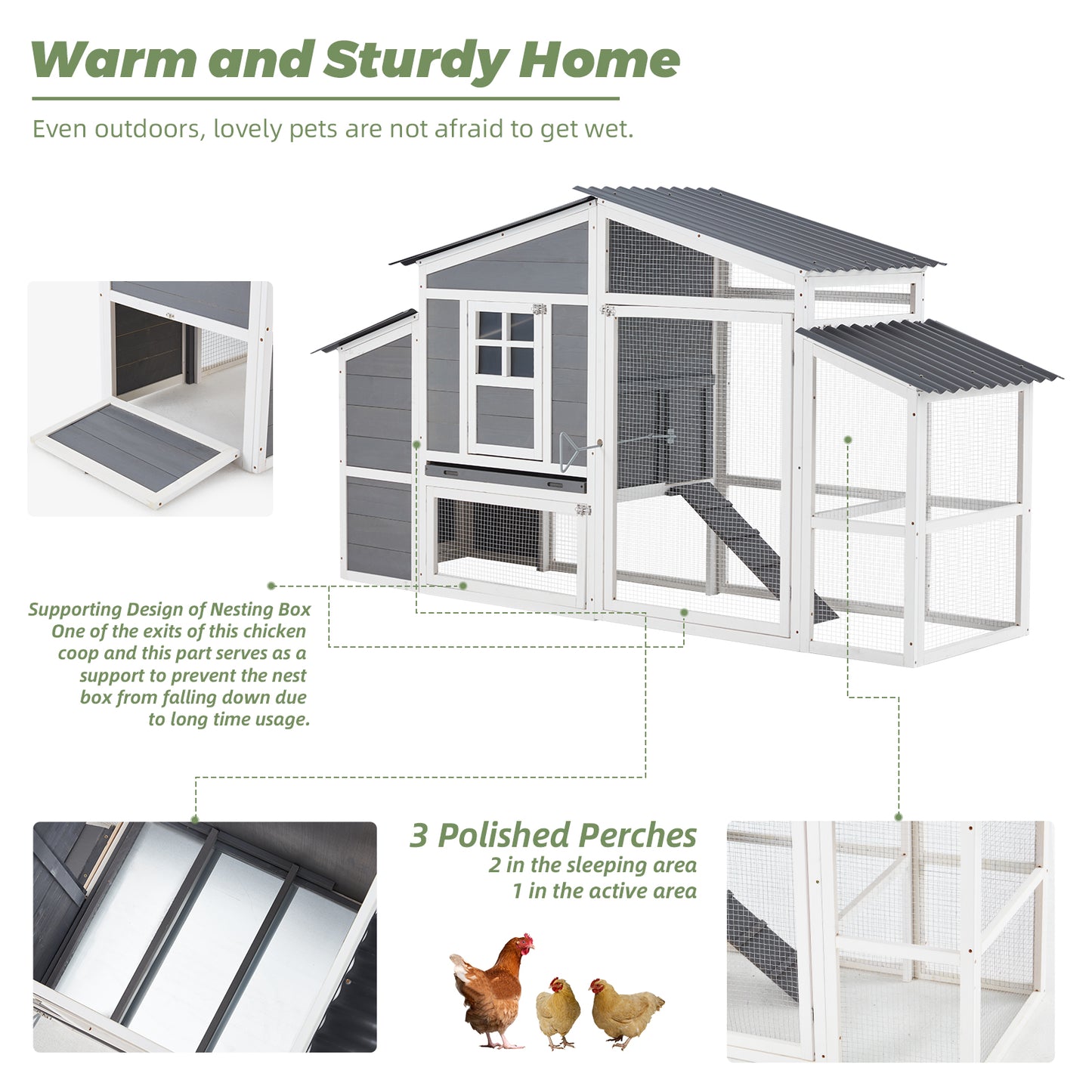 YODOLLA 81” Large Chicken Coop, Outdoor Wooden Hen House Poultry Cage Multi-Level Hutch w/Nesting Boxes & Run for 6-10 Chickens, Grey&White
