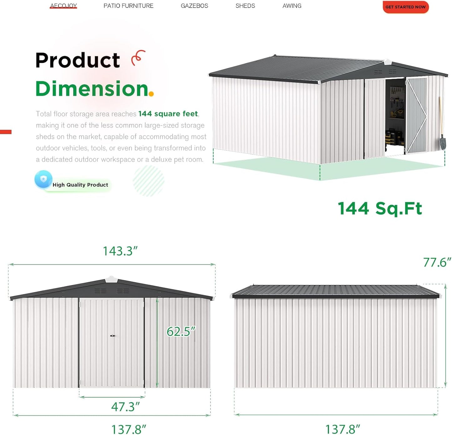 YODOLLA Shed 12' x 12' Storage Shed, White
