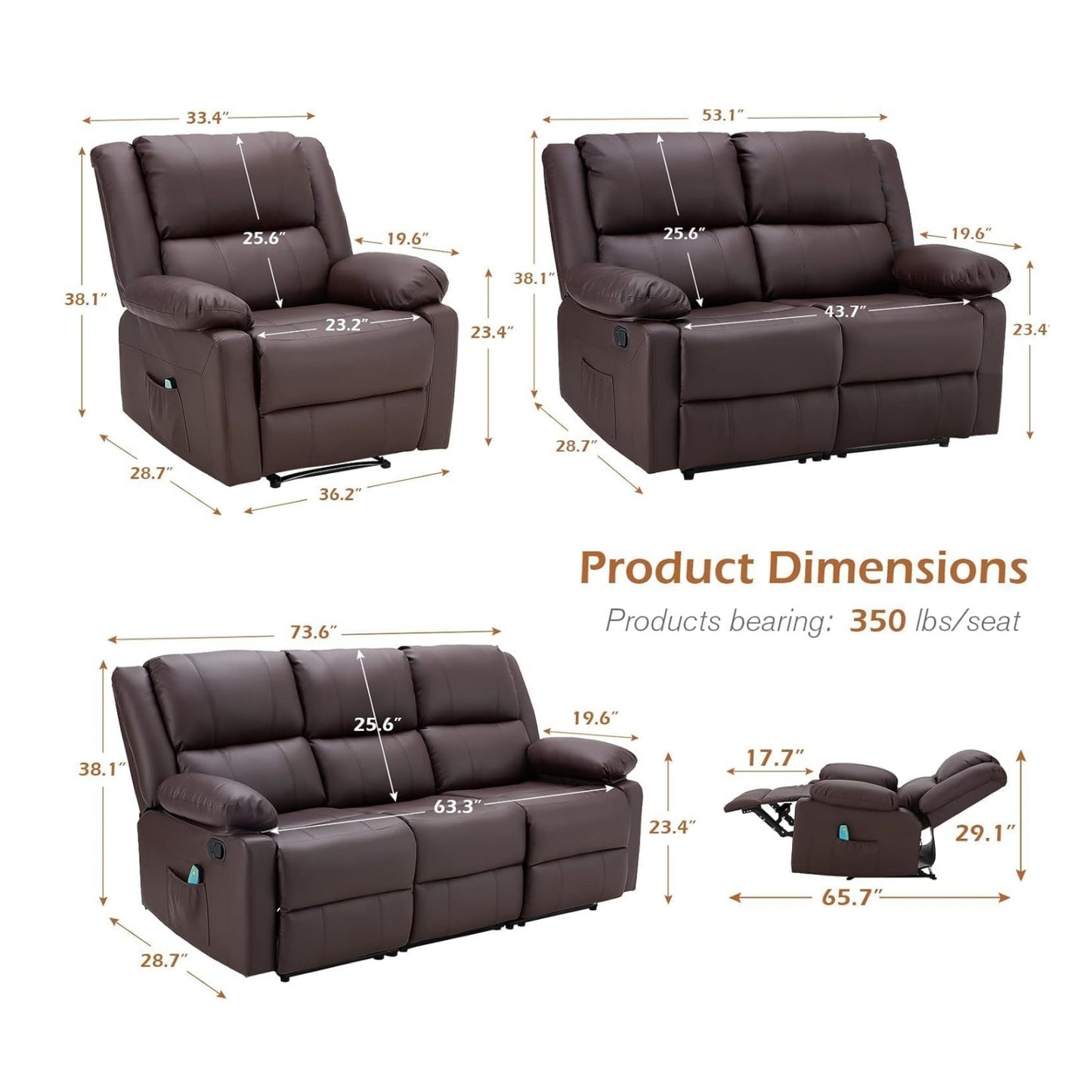 YODOLLA 3 PCS Recliner Sofa Set Overstuffed Leather Reclining Sofa, Brown