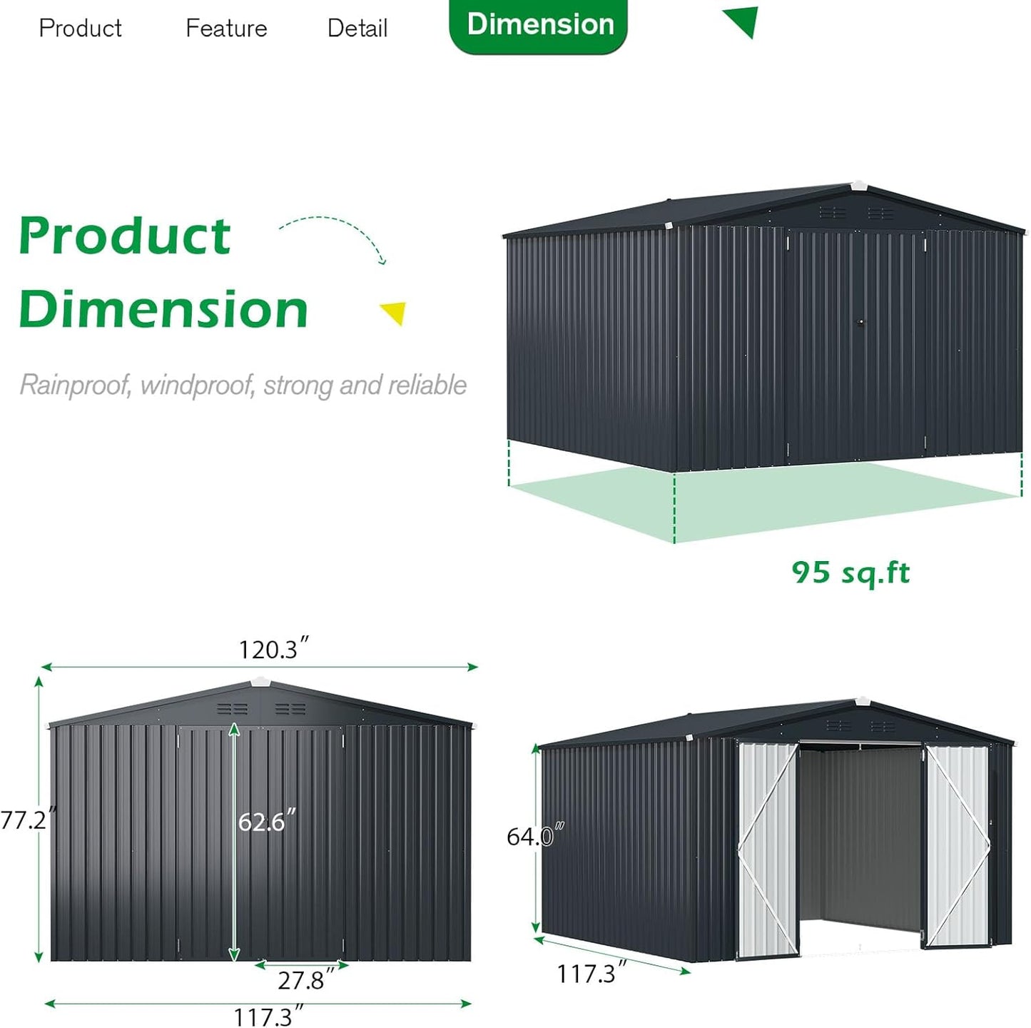 YODOLLA 10'x10' Metal Storage Shed, Dark Grey