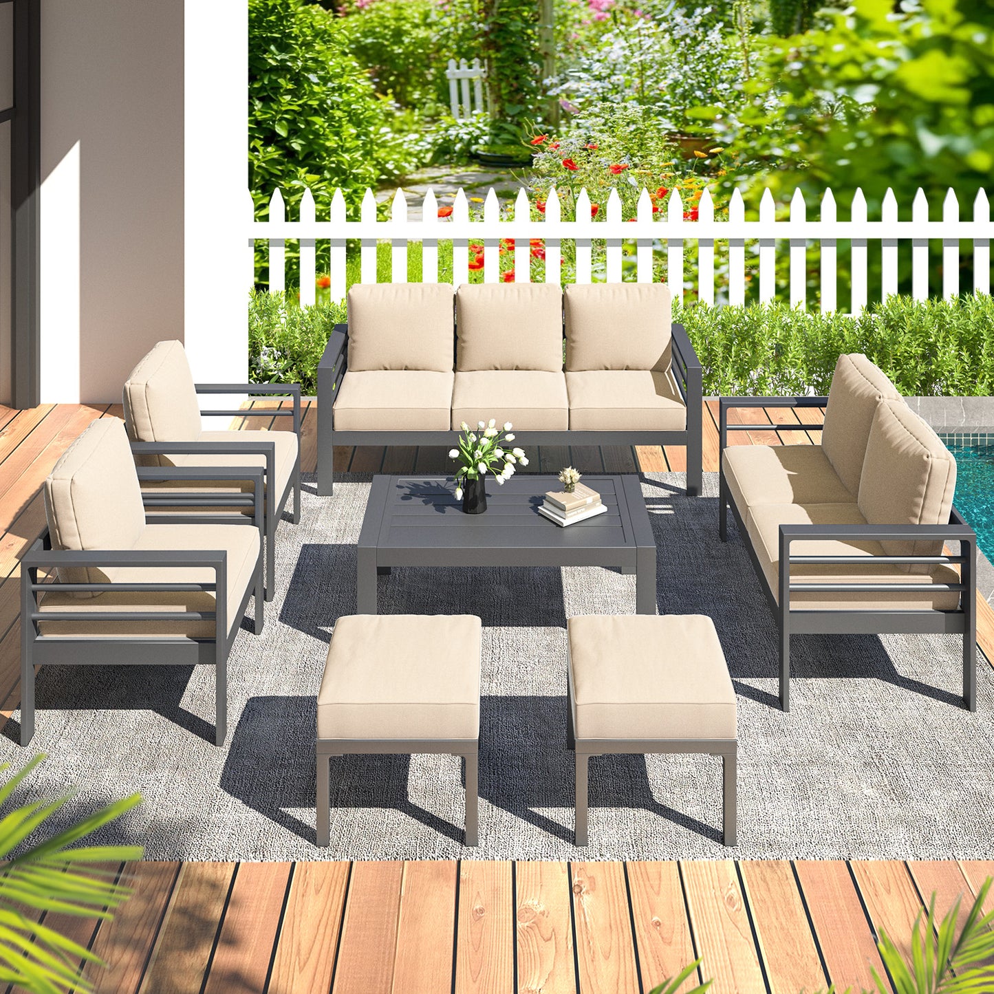 YODOLLA 7-Piece Patio Set, Beige Cushions