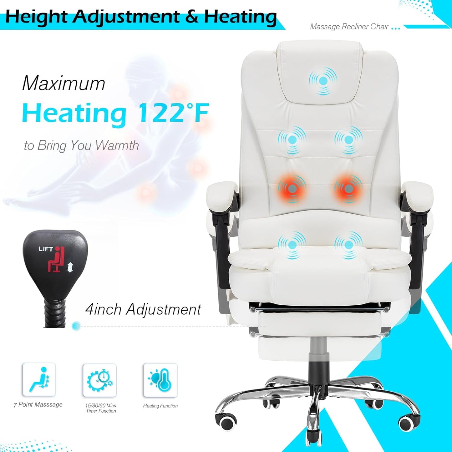 YODOLLA Massage Office Chair with Heat w/Retractable Footrest, Cream White