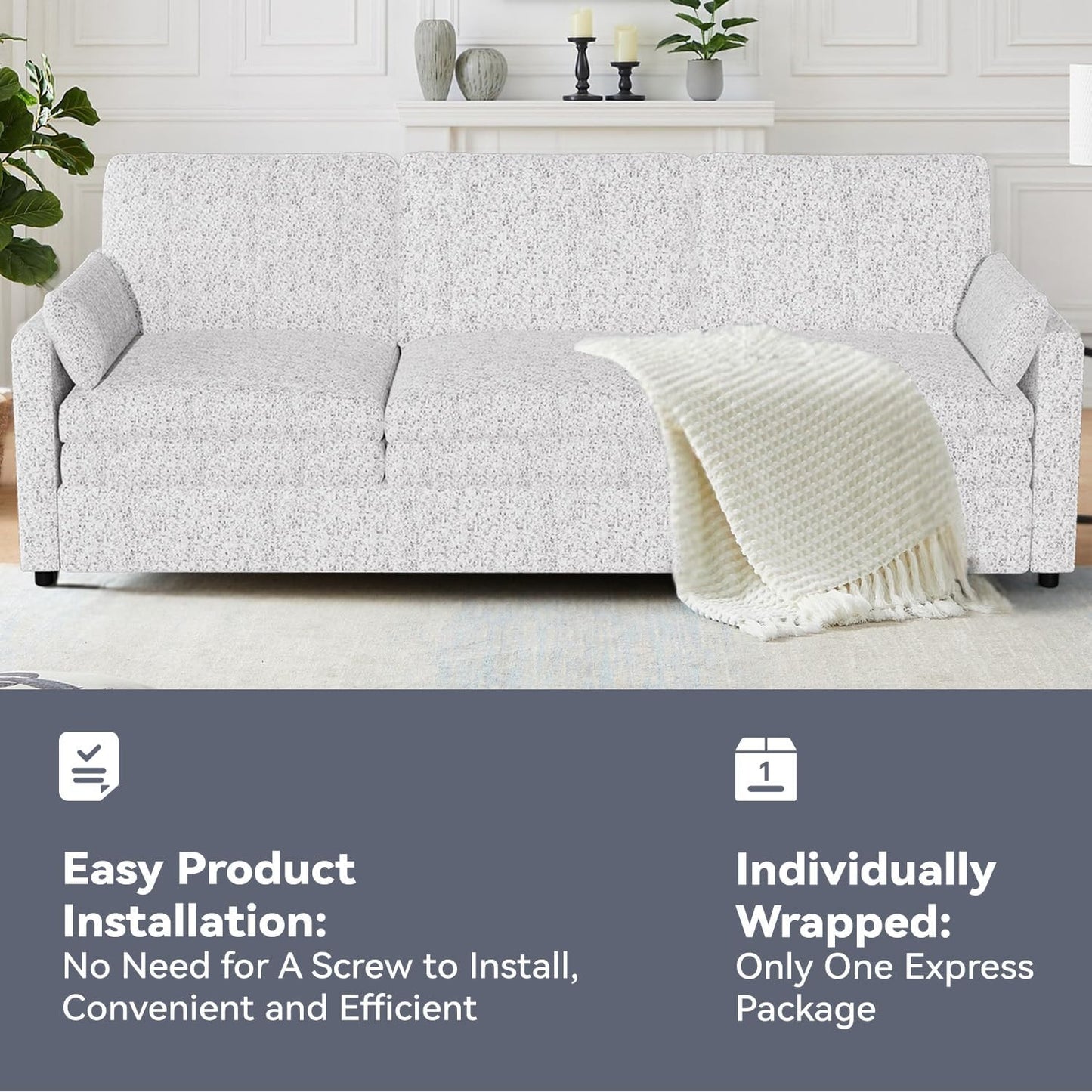 YODOLLA 89" Chenille Sofa, 3-Seater, 2 Removable Pillows, Gray