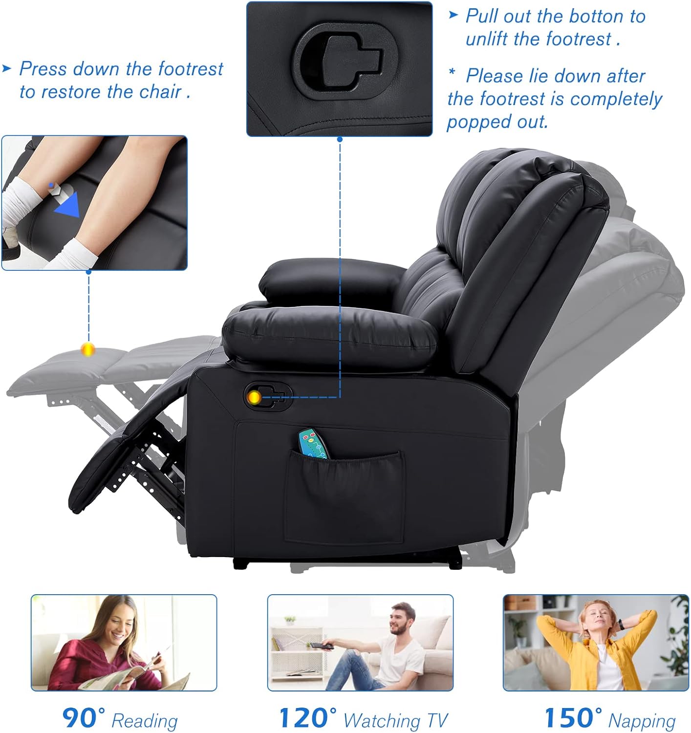YODOLLA 3 PCS Recliner Sofa Set Overstuffed Leather Reclining Sofa, Black