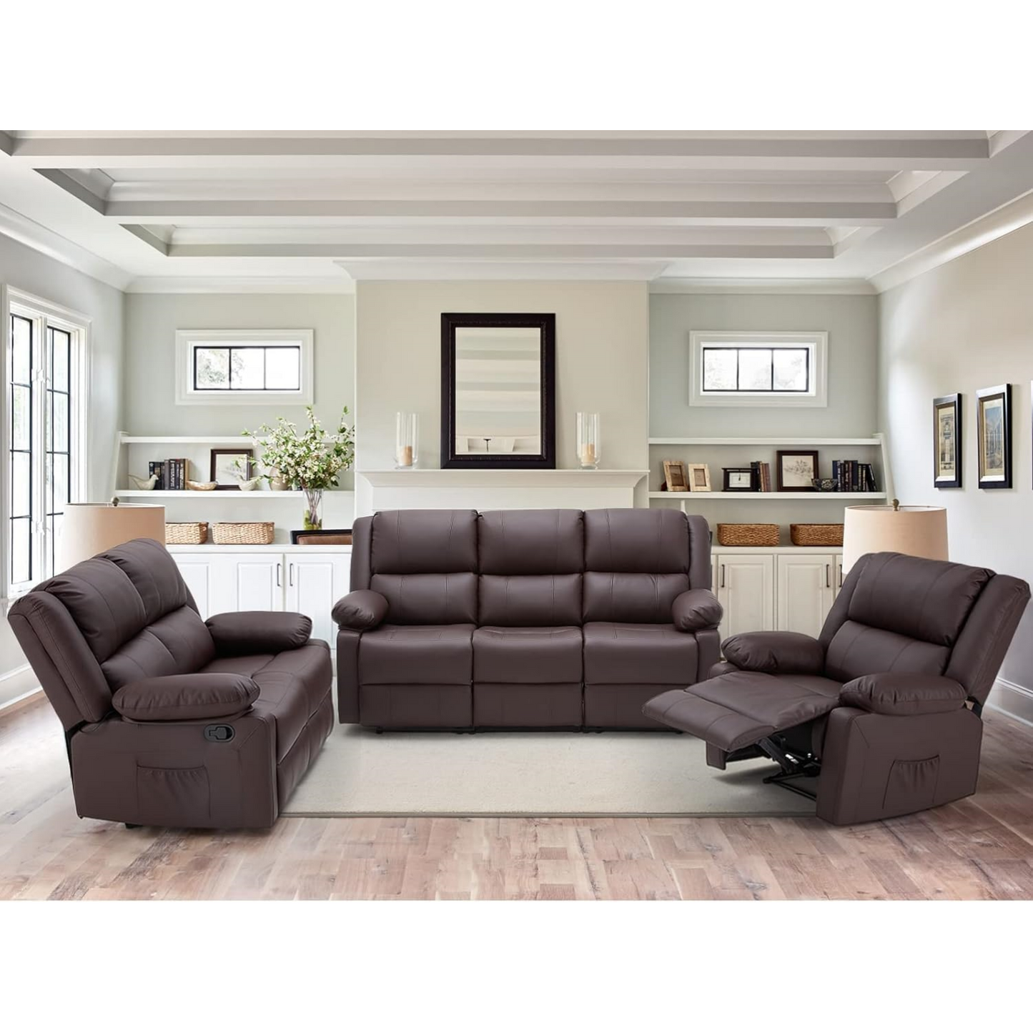 YODOLLA 3 PCS Recliner Sofa Set Overstuffed Leather Reclining Sofa, Brown