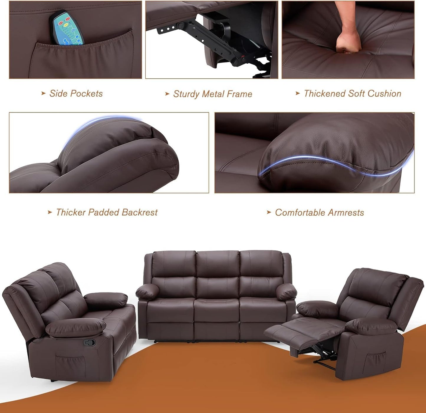 YODOLLA 3 PCS Recliner Sofa Set Overstuffed Leather Reclining Sofa, Brown