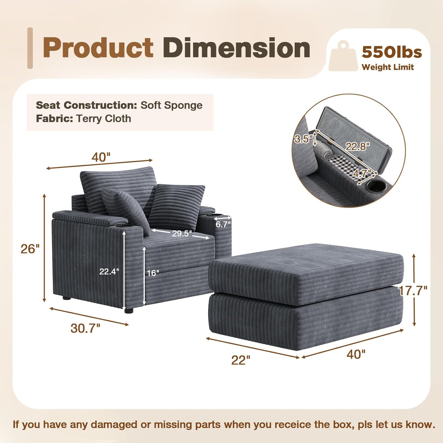 YODOLLA Chaise Lounge Chair Indoor, Oversized Sleeper Chair with Ottoman, Comfy Reading Sofa Armchair
