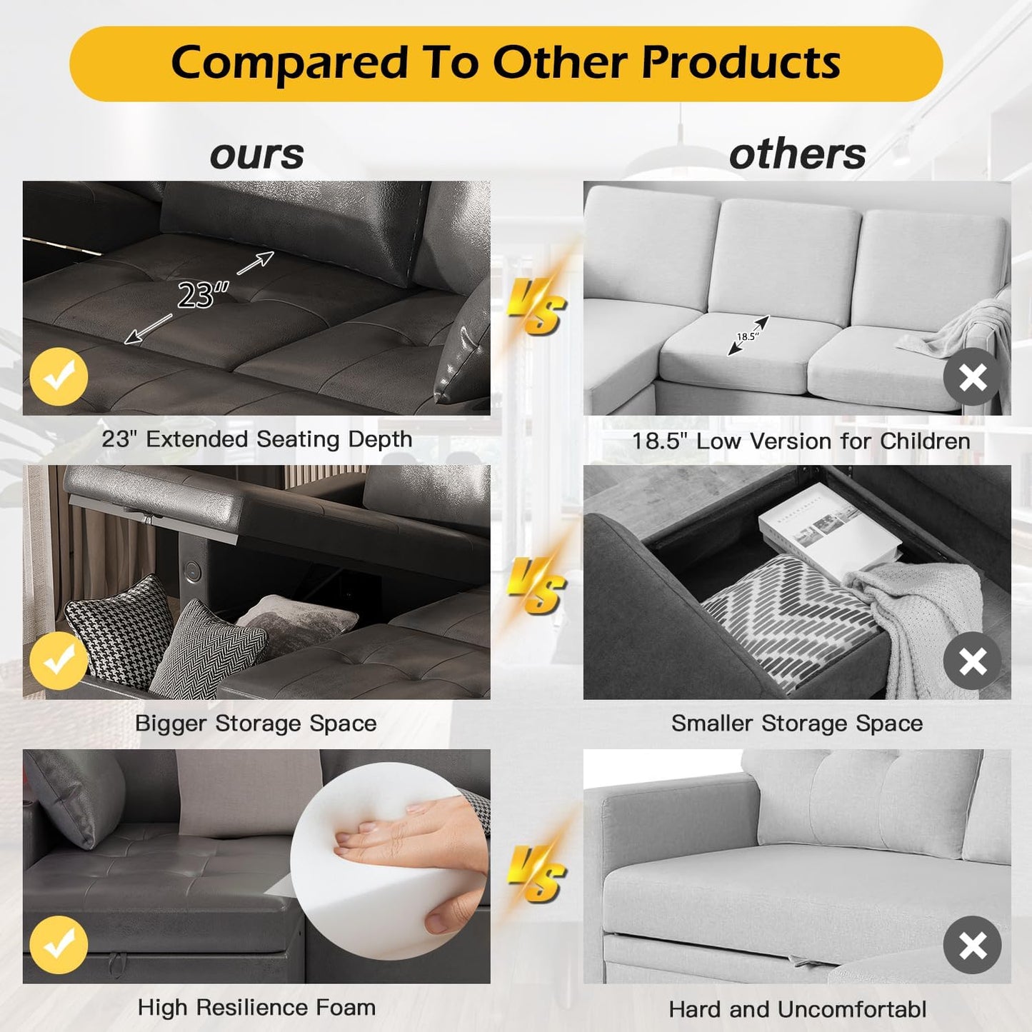 YODOLLA Faux Leather L-Shaped Sleeper Sofa, Pullout Bed, USB & Storage, Black