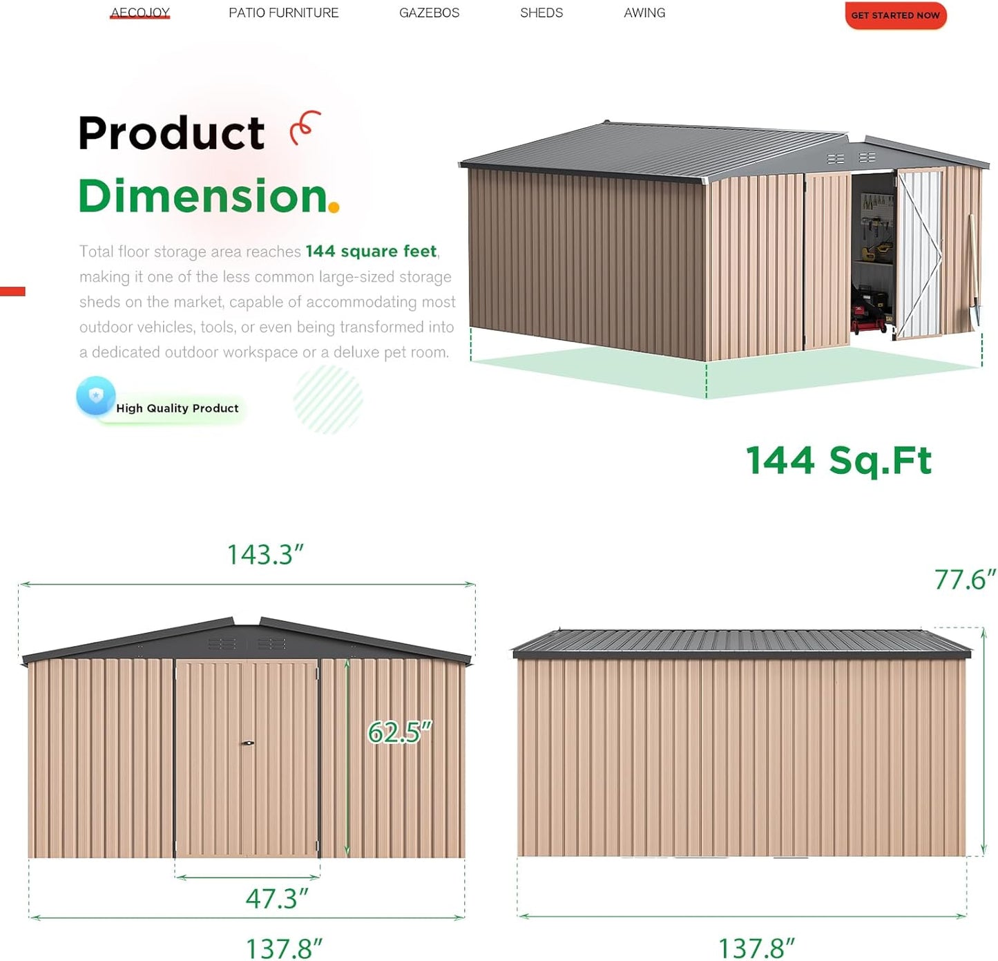 YODOLLA Shed 12' x 12' Storage Shed, Grey