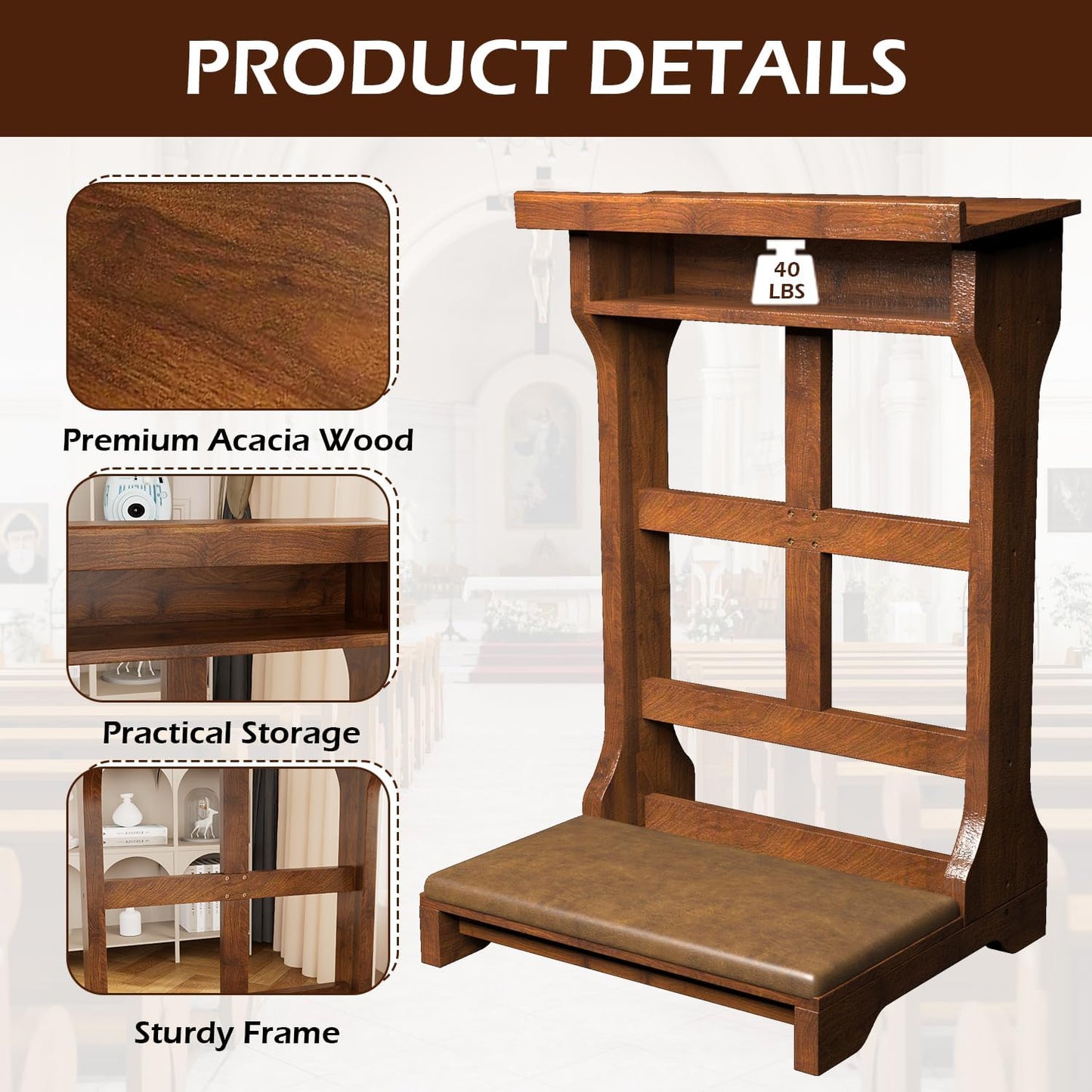 YODOLLA Acacia Wood Prayer Kneeler Bench with Storage Shelf & Soft Cushion