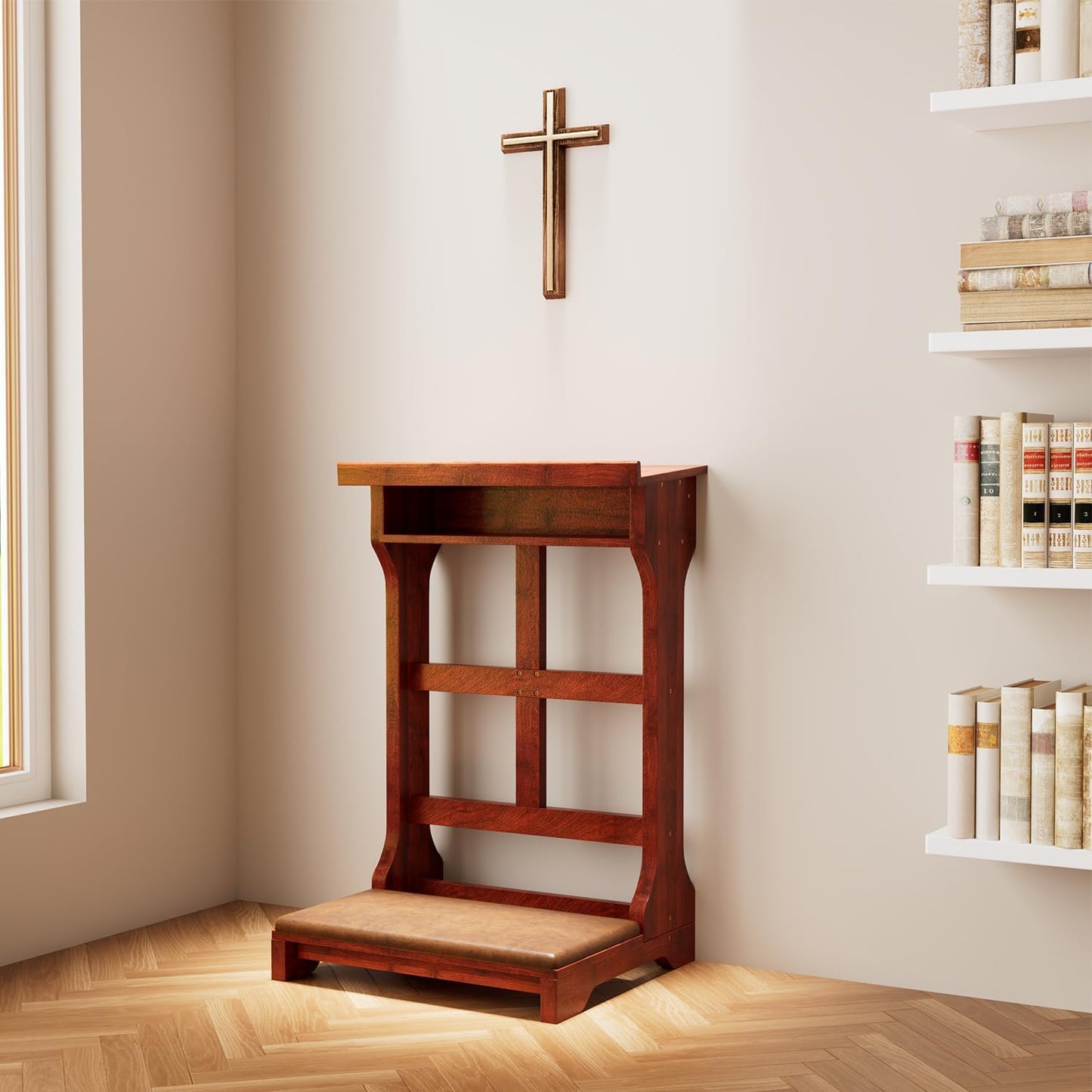 YODOLLA Acacia Wood Prayer Kneeler Bench with Storage Shelf & Soft Cushion