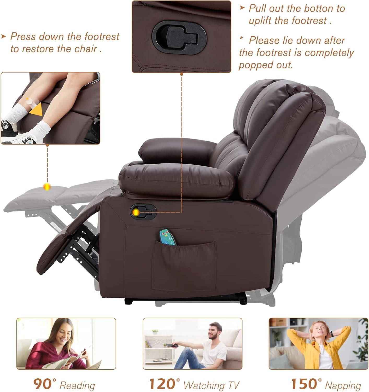 YODOLLA 3 PCS Recliner Sofa Set Overstuffed Leather Reclining Sofa, Brown