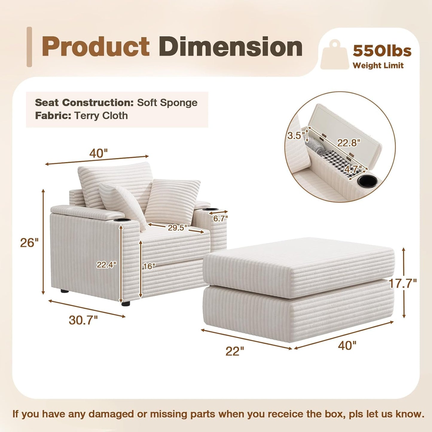 YODOLLA Chaise Lounge Chair Indoor, Oversized Sleeper Chair with Ottoman, Comfy Reading Sofa Armchair