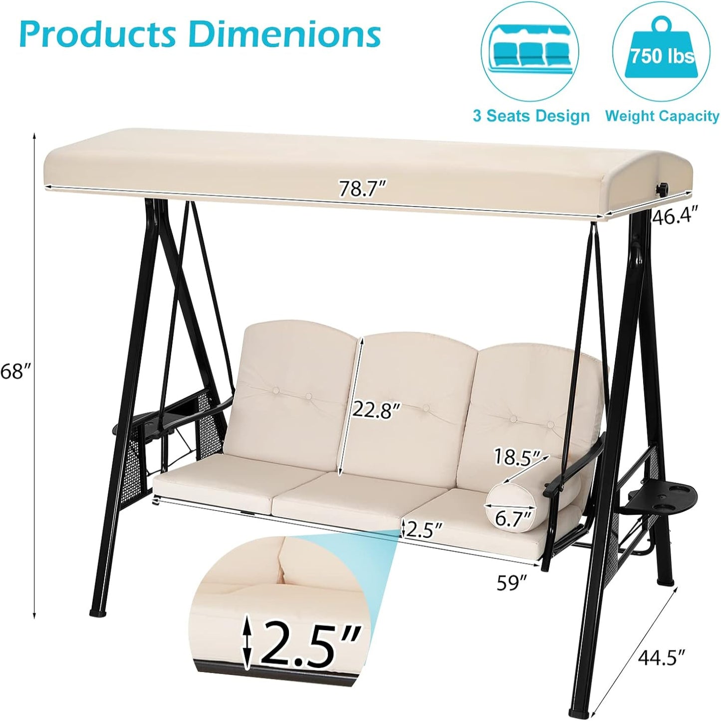 YODOLLA 3-seat outdoor porch swing chair
