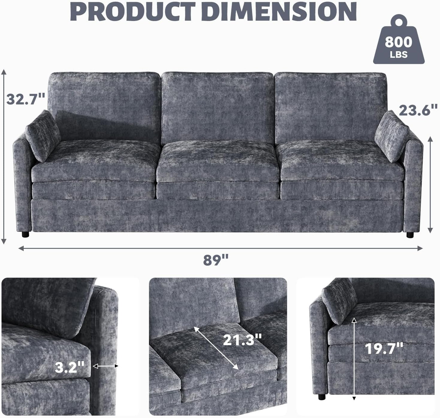 YODOLLA 89" Chenille Sofa, 3-Seater, 2 Removable Pillows, Black