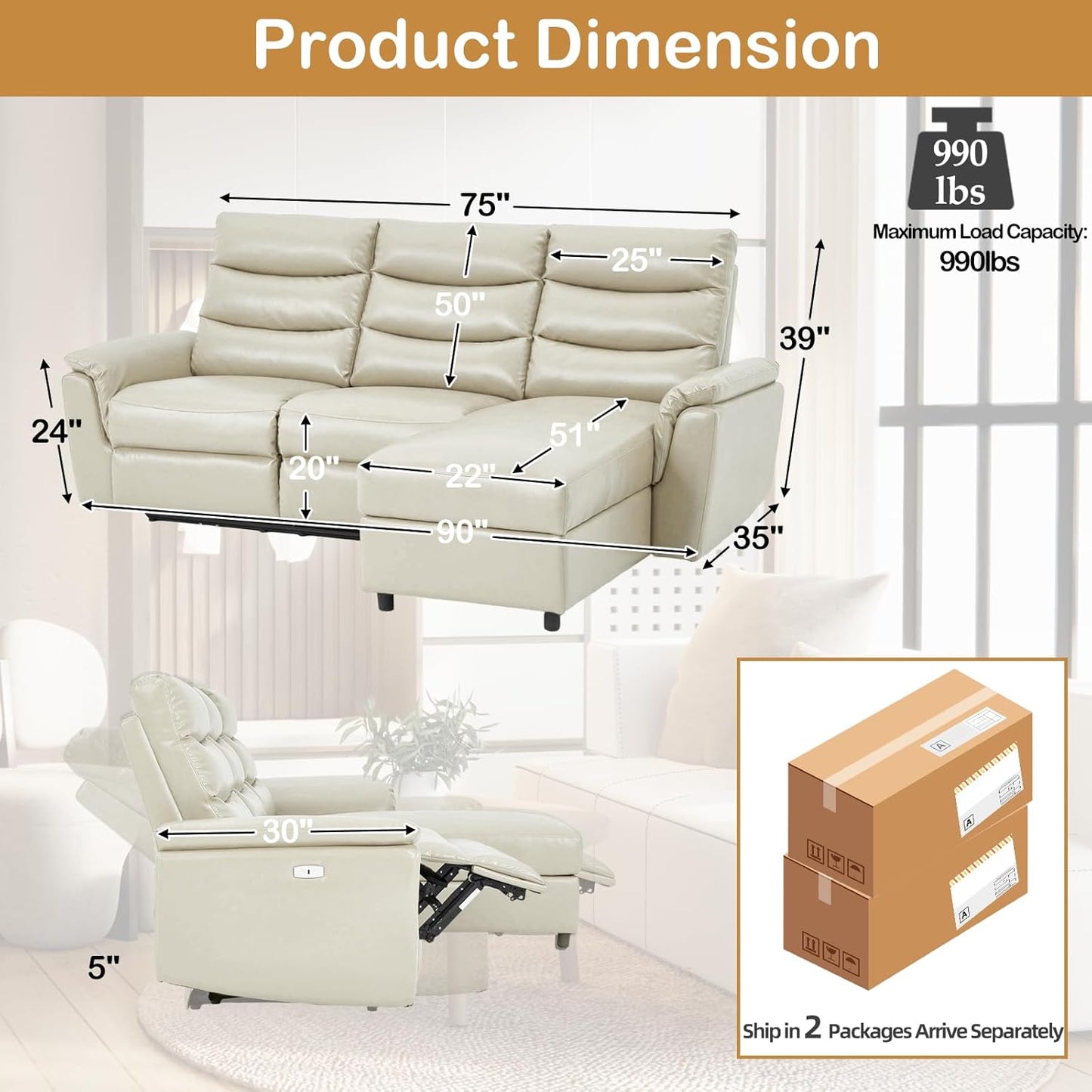 YODOLLA PU Leather Power Reclining Sectional Sofa